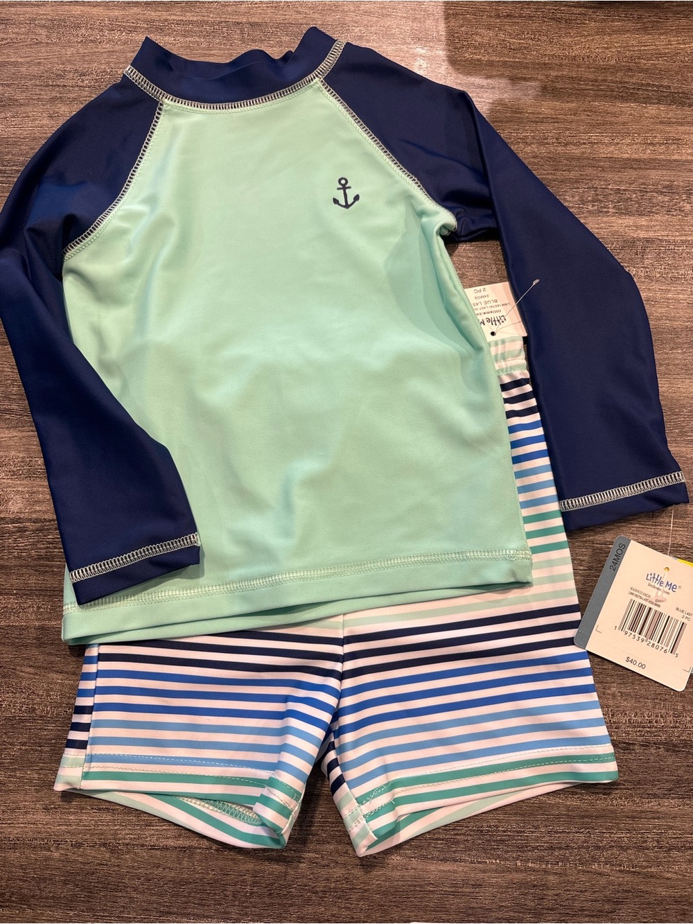 Little Me Boys Mint & Navy Anchor Rash Guard Set